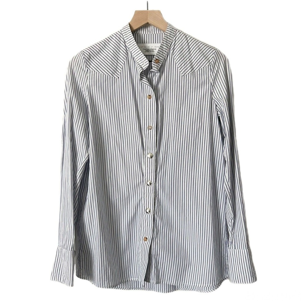 Victoria Tomas French Striped Cotton Button Down Shirt Blouse Size 4 US 36 FR - Picture 2 of 7